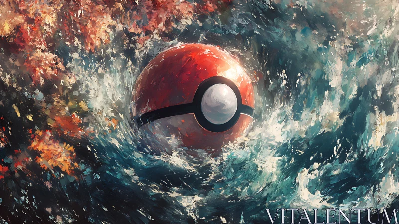 Poké Ball surge through abstract storm of sea and fire.