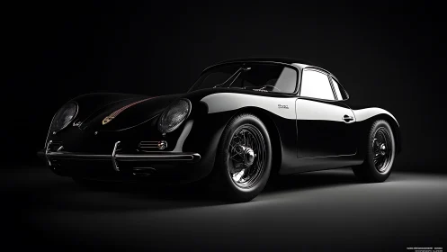 Glossy black vintage coupe under sculpted studio lighting.