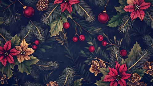 Festive poinsettias and pine branches create rich holiday charm.