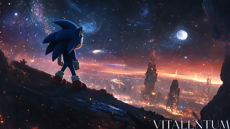 Blue speed hero overlooking futuristic burning cityscape.