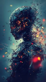 Fragmented molten android silhouette in teal atmospheric glow