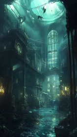 Submerged interior depicts flooded hall with central glass dome