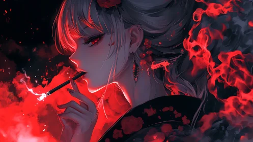 Crimson smoke crowns the midnight muse in burning petals