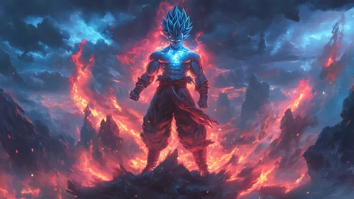Blue haired warrior in fiery volcanic landscape, frontal view.