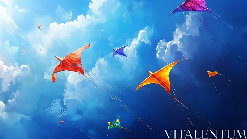 Soaring kites in luminous painterly summer skyscape.