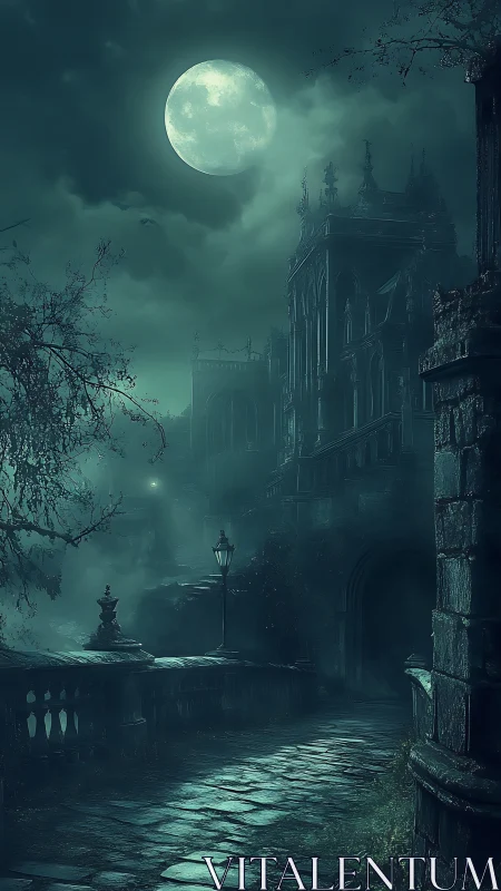 Moonlit gothic castle path under dense eerie fog.