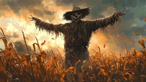 Straw scarecrow stands in cornfield under cloudy sunset sky