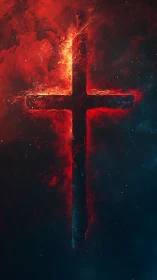 Burning red cross divides dark cosmic void with fire
