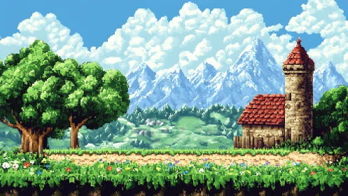 Pixel winds stroll past a lonely tower in bright bloom