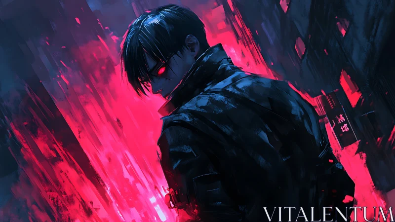 Mysterious neon-eyed antihero in a glowing cyber street.