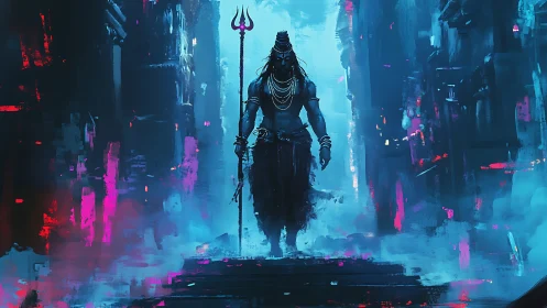 Mythic guardian strides through neon mist and midnight blue.