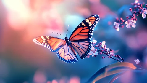 Bioluminescent-toned monarch butterfly hovers over pastel blooms