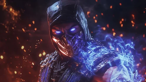 Cyberpunk warrior portrait with elemental energy and bokeh flare.