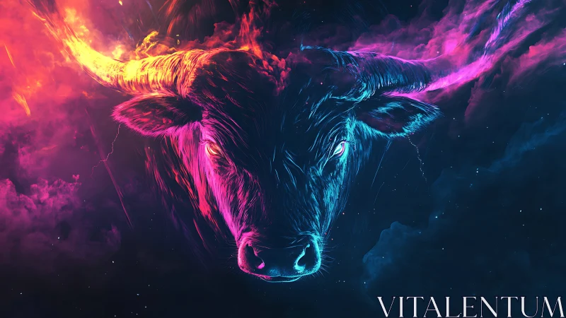 Neon bull head emerges from contrasting magenta and cyan nebula