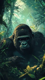 Gentle jungle gorilla rests calmly amid glowing green leaves