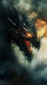 Volcanic dragon head in dense smoke and storm clouds.