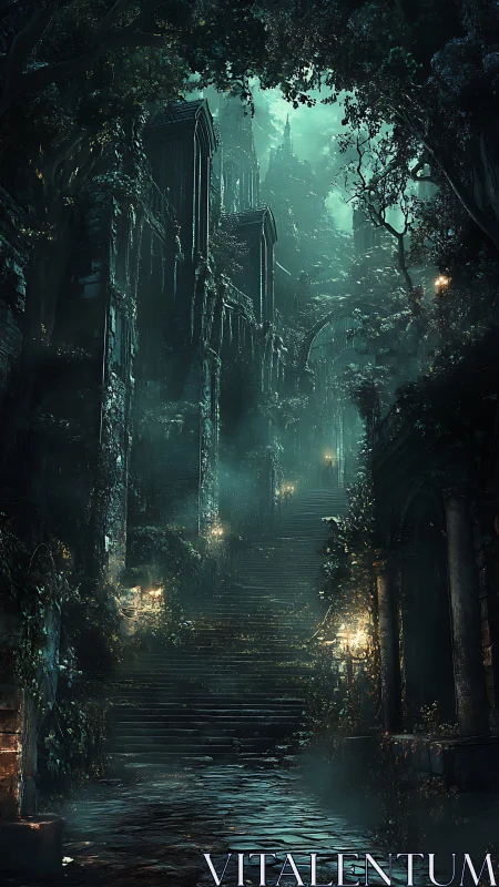 Moonlit ivy climbs forgotten stairs toward sleeping spires