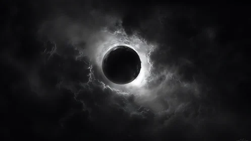 Eclipsed sphere framed by storm-lit cosmic clouds.