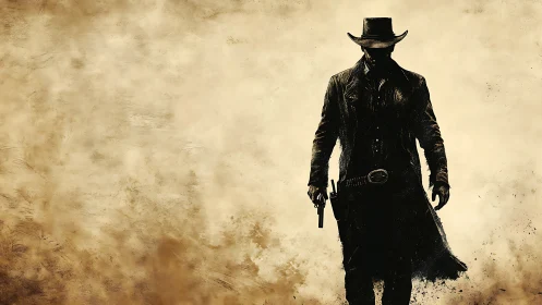 Digital western gunslinger silhouette on textured sepia field.