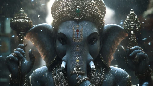 Divine elephant guardian breathes light through jeweled rain