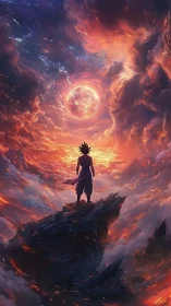 Lone warrior overlooking fiery sky and glowing planet.