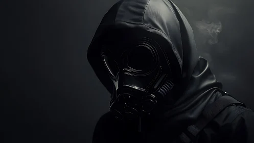 Hooded figure in gas mask stands in low key moody light