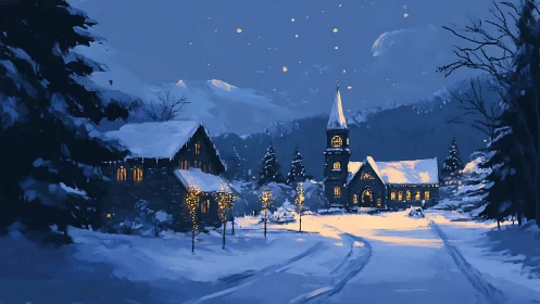 Digital painting of a snowlit village church in winter blue dusk.