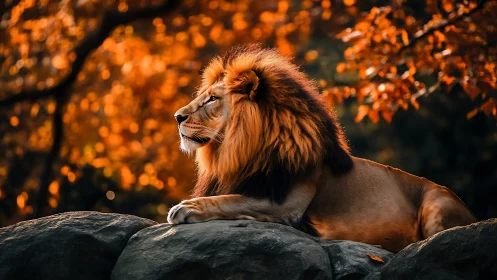 Photorealistic autumn lion portrait on rocky foreground plane.