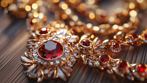 Macro study of faceted ruby and diamond gold filigree jewelry.