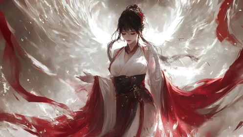 Digital painting of ethereal robed woman in swirling light field.