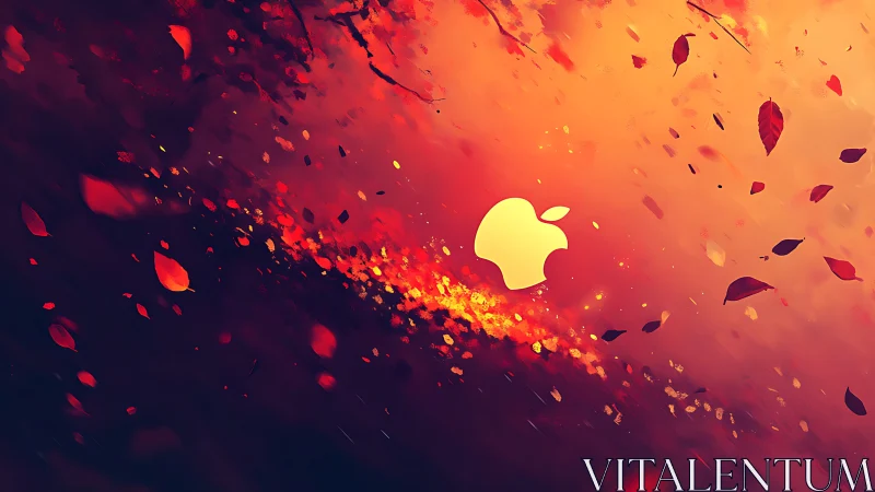 Glowing apple icon amid swirling autumn leaves storm.
