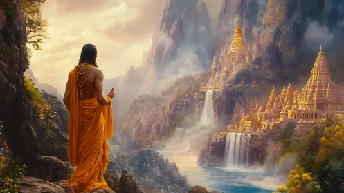 Monk in orange robe overlooking golden mountain temples