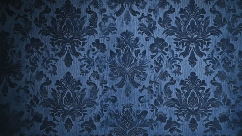 Deep navy damask wallpaper with embossed floral symmetry.