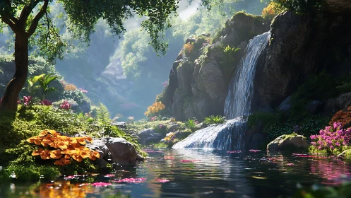 Physically based render depicts lush waterfall cove with volumetric light