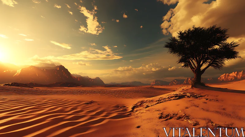 Solar-sculpted desert dunes with lone acacia under stratified sky.