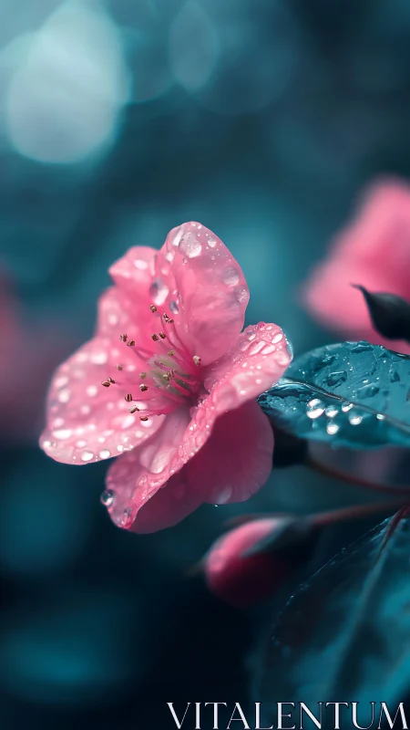 Pink flower with water droplets and teal background.