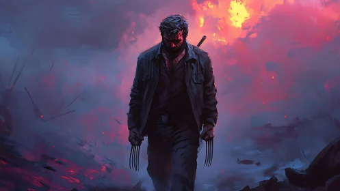 Clawed warrior strides through burning twilight battlefield.