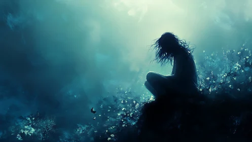 Solitary silhouetted figure in ethereal cyan misted glow.