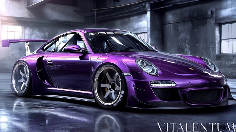 Purple widebody race car in industrial garage setting.