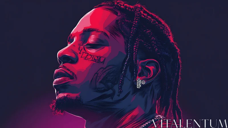 Bold neon portrait of a calm, confident braided musician.