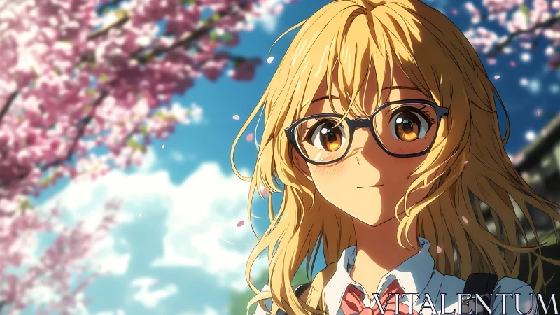 Student with glasses under cherry blossoms in daylight.