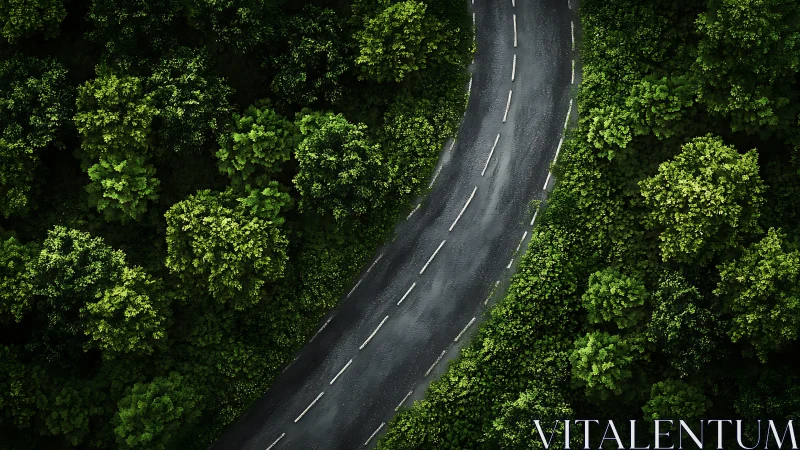 Curved asphalt road winding through dense green forest, aerial view.