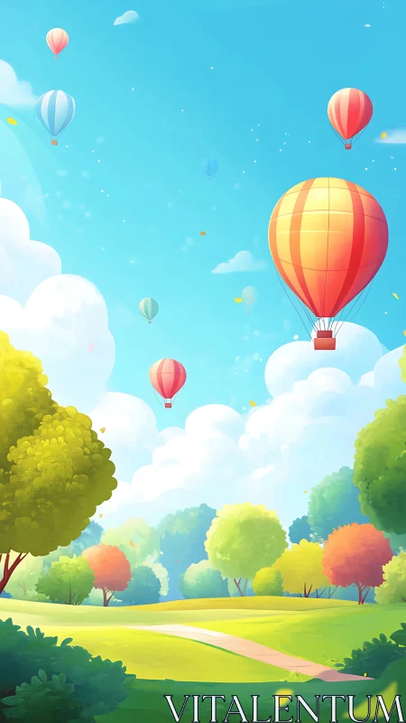 Sunlit balloon parade drifting above a candy-colored park.