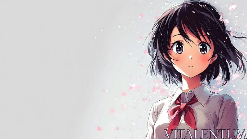 Anime schoolgirl portrait with cherry blossom petals falling.