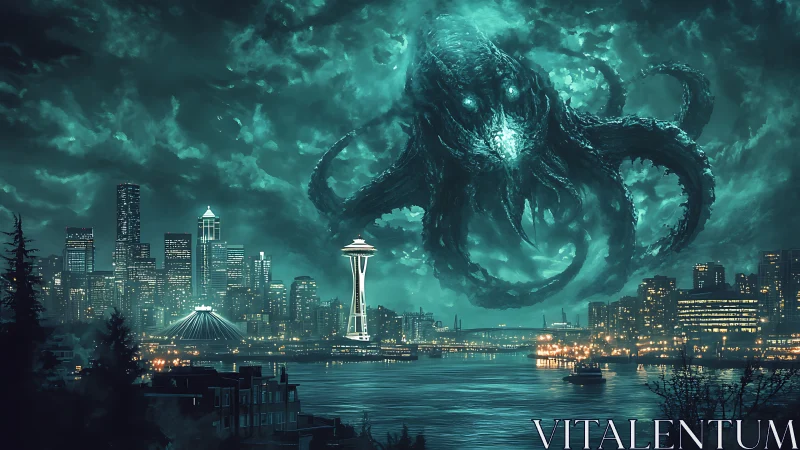 Colossal eldritch leviathan looming above neon Seattle skyline.