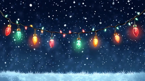 Cozy string lights glowing softly over a snowy winter night.