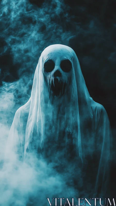 Veiled skull-faced specter stands in dense swirling fog