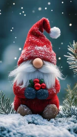 Cozy Christmas gnome rests in softly falling winter snow