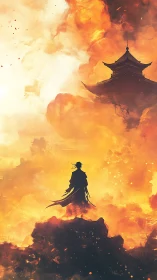 Silhouetted figure before burning sky and distant pagoda.