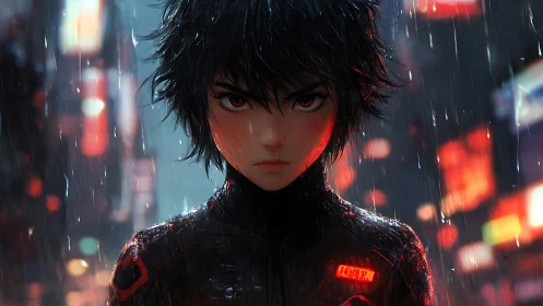 Storm-soaked cyber youth glares back at the neon night